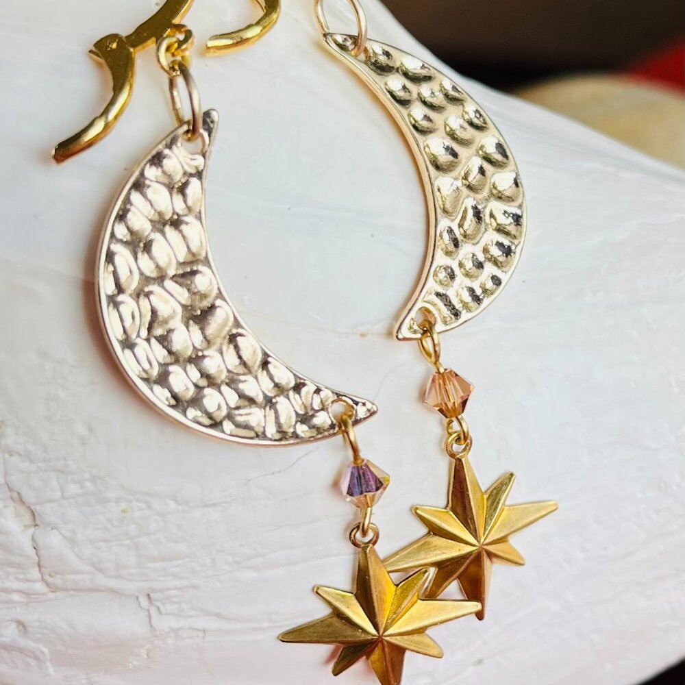Gold Crescent Moon and Star Celestial Dangle Earrings with Swarovski Crystals - Picture 6 of 6